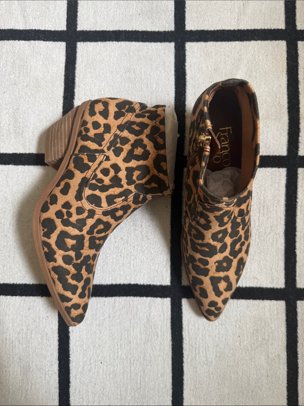 NWOB Franco Sarto Leopard Print Pointed Toe Ankle Booties - Tan & Black